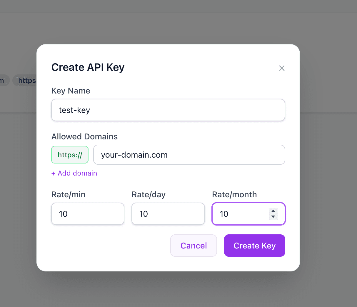Configure domain and rate limit for your API key