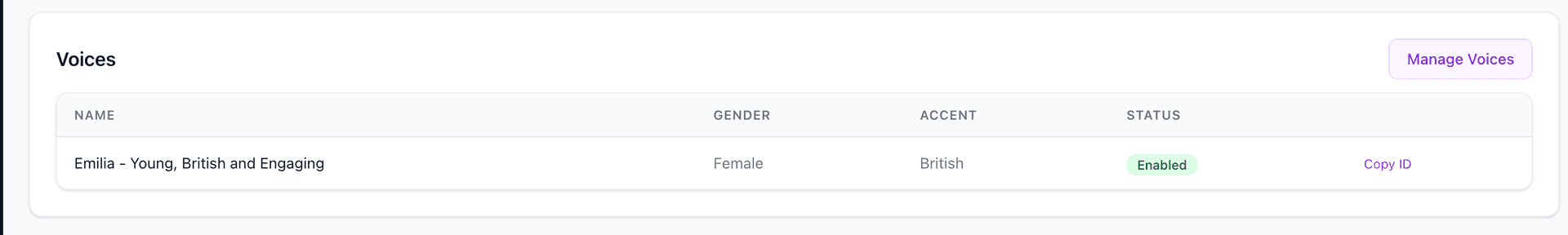 Copy the voice ID for your selected voice